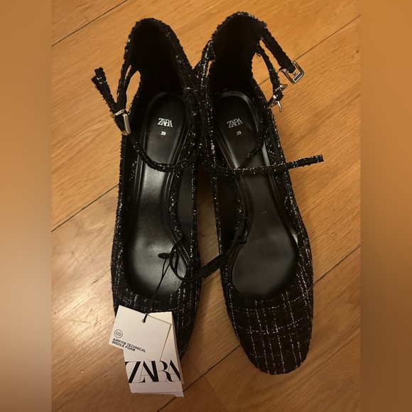Zara Black Tweed Ankle Strap Heels - Picture 2 of 3